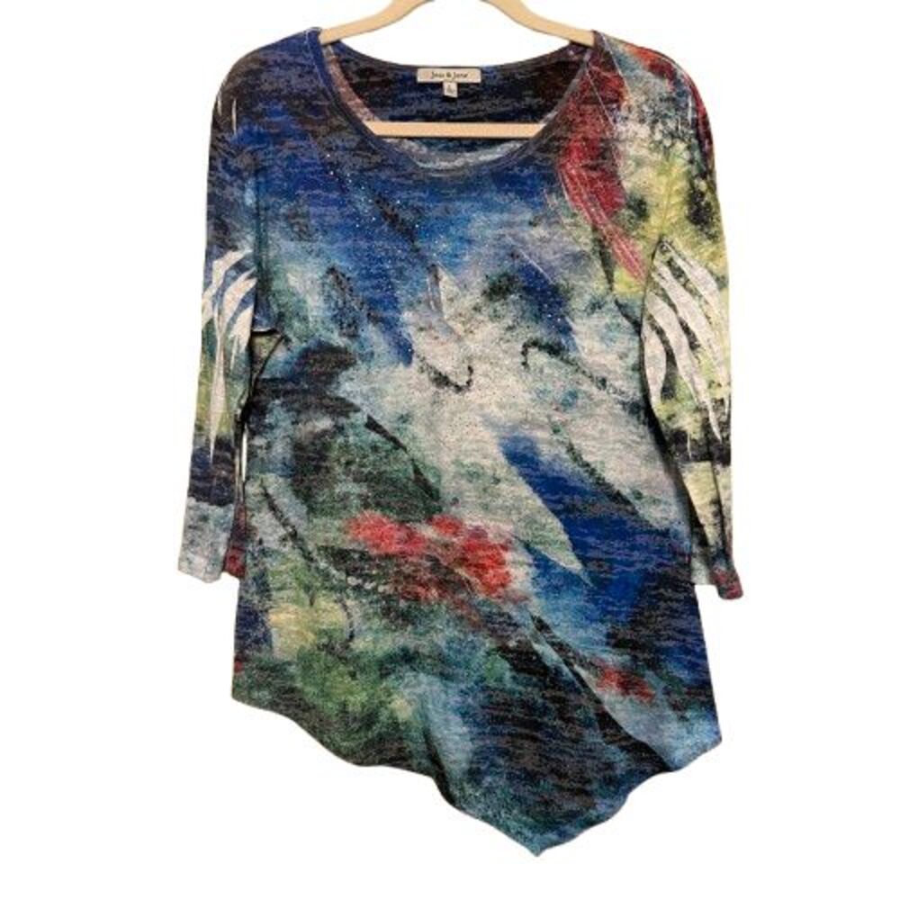 Jess & Jane Asymmetric Tunic Top Womens Large 3/4 Sleeve Semi Sheer Boho Artsy
